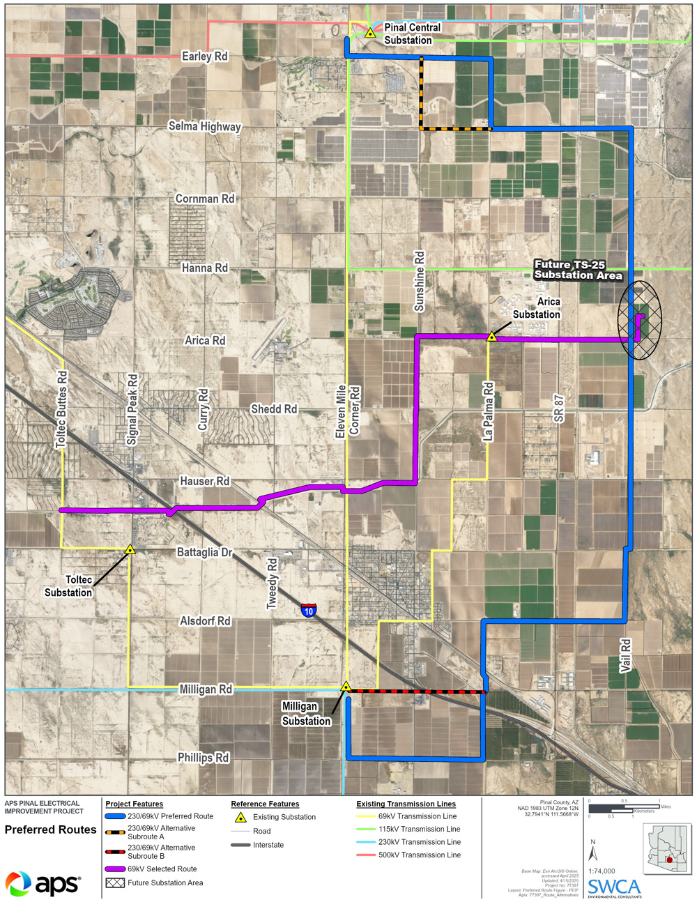 Map of the preferred routes for the Pinal Electrical Improvement Project