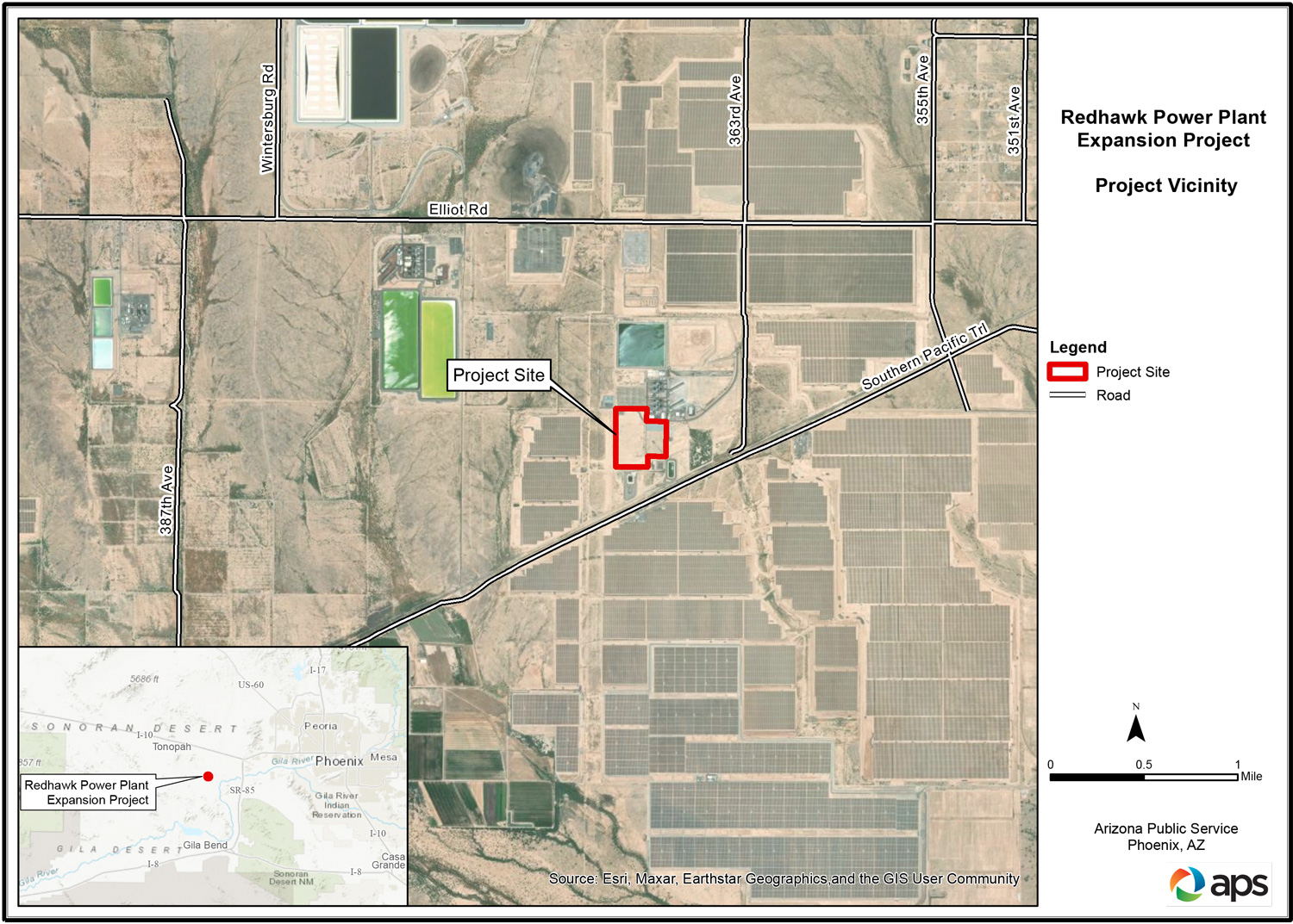 Redhawk Expansion Project vicinity map, showing the project site at the intersection of 363rd Avenue and Southern Pacific Trail south west of Phoenix. 