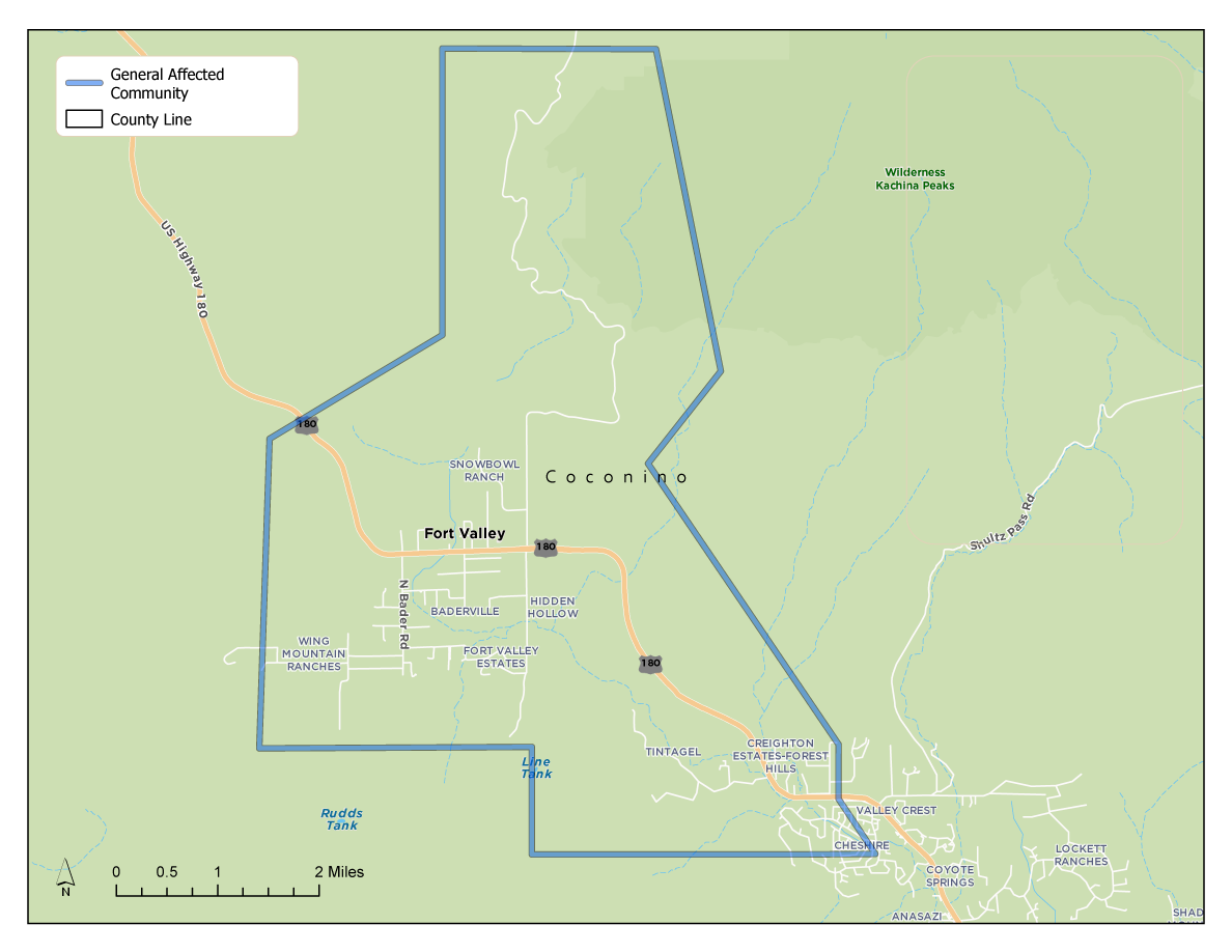 Área afectada por el evento de corte de energía por motivos de seguridad pública: Las comunidades afectadas incluyen, entre otras: Creighton Estates-Forest Hills, Tintagel, Hidden Hollow, Fort Valley, Baderville, White Mountain Ranches, Coyote Springs, Snowbowl y Snowbowl Ranch.