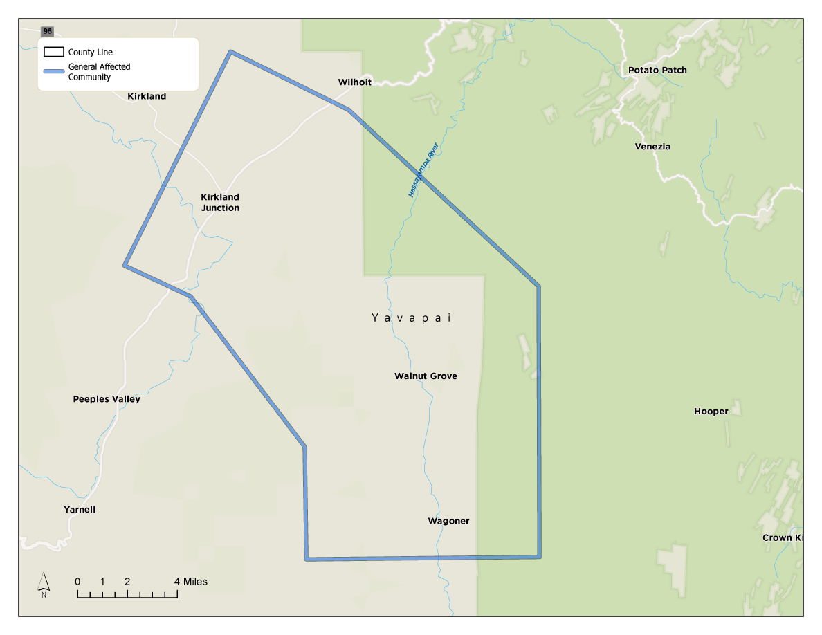 Área afectada por el evento de corte de energía por motivos de seguridad pública: Áreas al sureste de SR 89A a lo largo de West Wagoner Rd. Las comunidades afectadas incluyen, entre otras: Zonia Mine, Wagoner, Walnut Grove y ranchos a lo largo del río Hassayampa
