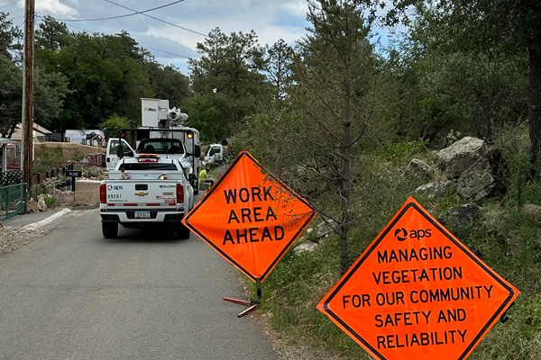 APS Crews working on vegetation with safety signage out